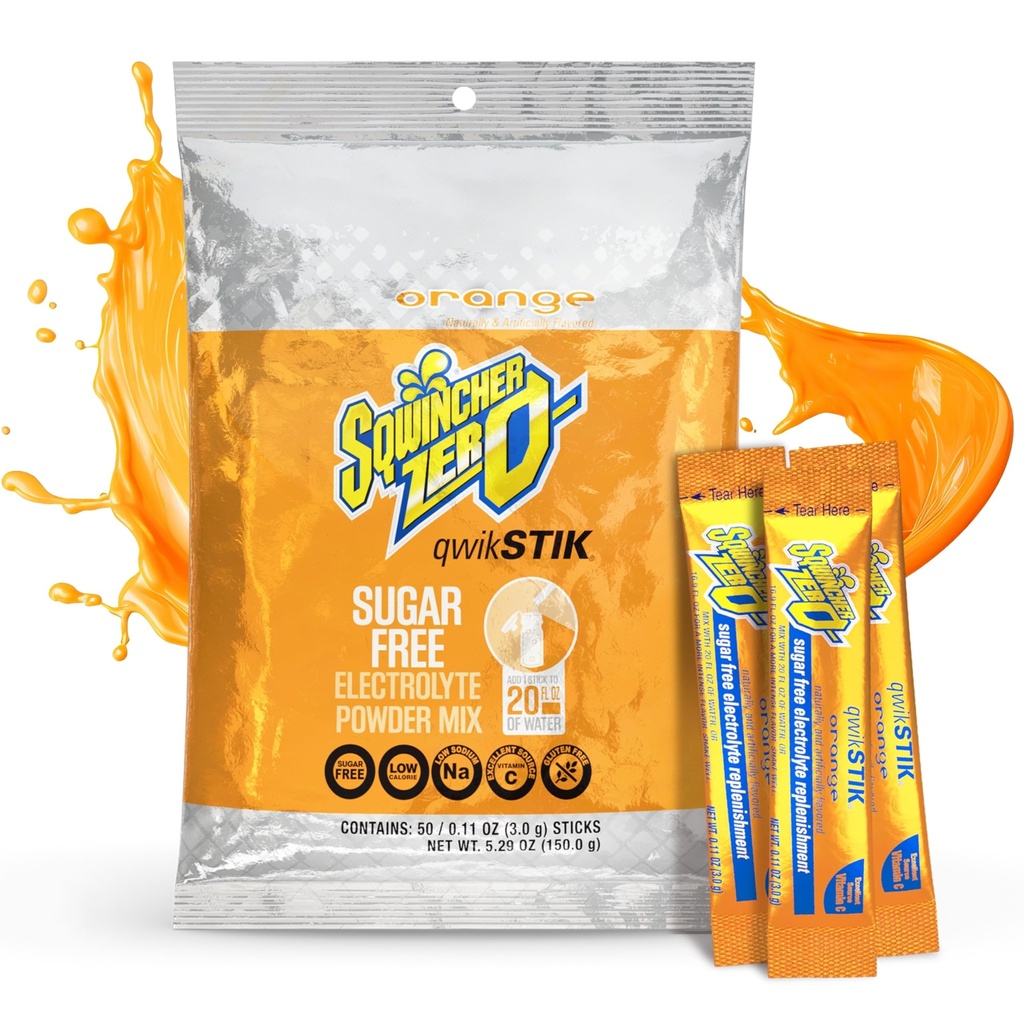 Sqwincher Zero Qwik Stik, Orange, Sugar Free, Low Calorie, Sodium Electrolyte Powder Hydration Drink Mix, .11 0z Packet (Pack of 50)