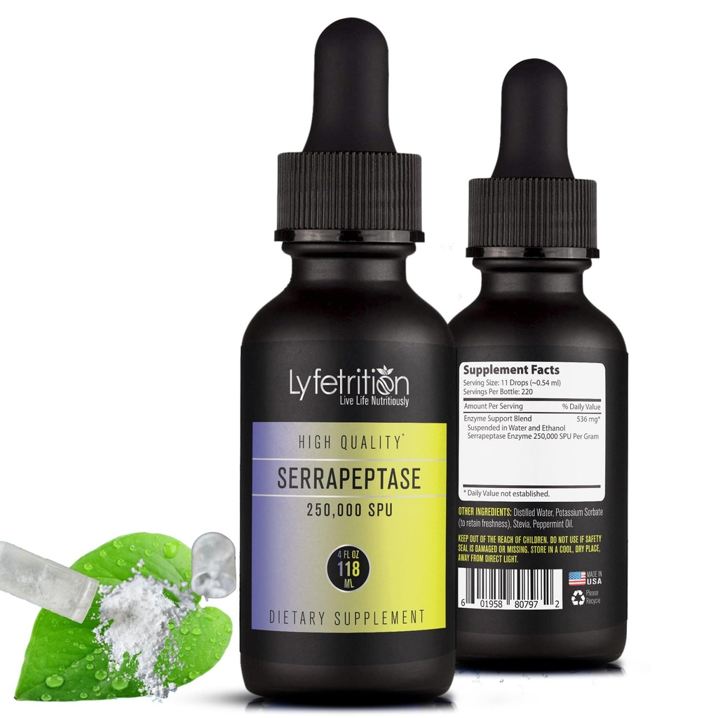 Lyfetrition Serrapeptase 250000 SPU 118 ml, 4 FL Oz Liquid, 220 Servings, Made in USA, Quick Absorption, Potent Ingredients, Non-GMO