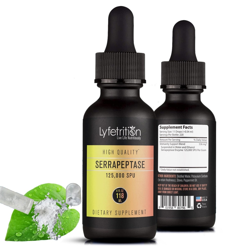 Lyfetrition Serrapeptase 125000 SPU 118 ml, 4 FL Oz Liquid, 220 Servings, Made in USA, Quick Absorption, Potent Ingredients, Non-GMO