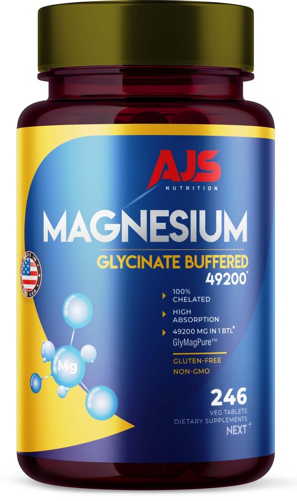 AJS Magnesium Glycinate 400mg, Magnesium Glycinate 246 Tablets, Gluten-Free, Non-GMO Supplements, Dietary Magnesium Supplement with Organic Coating, Supports Your Well-Being, 4 Months