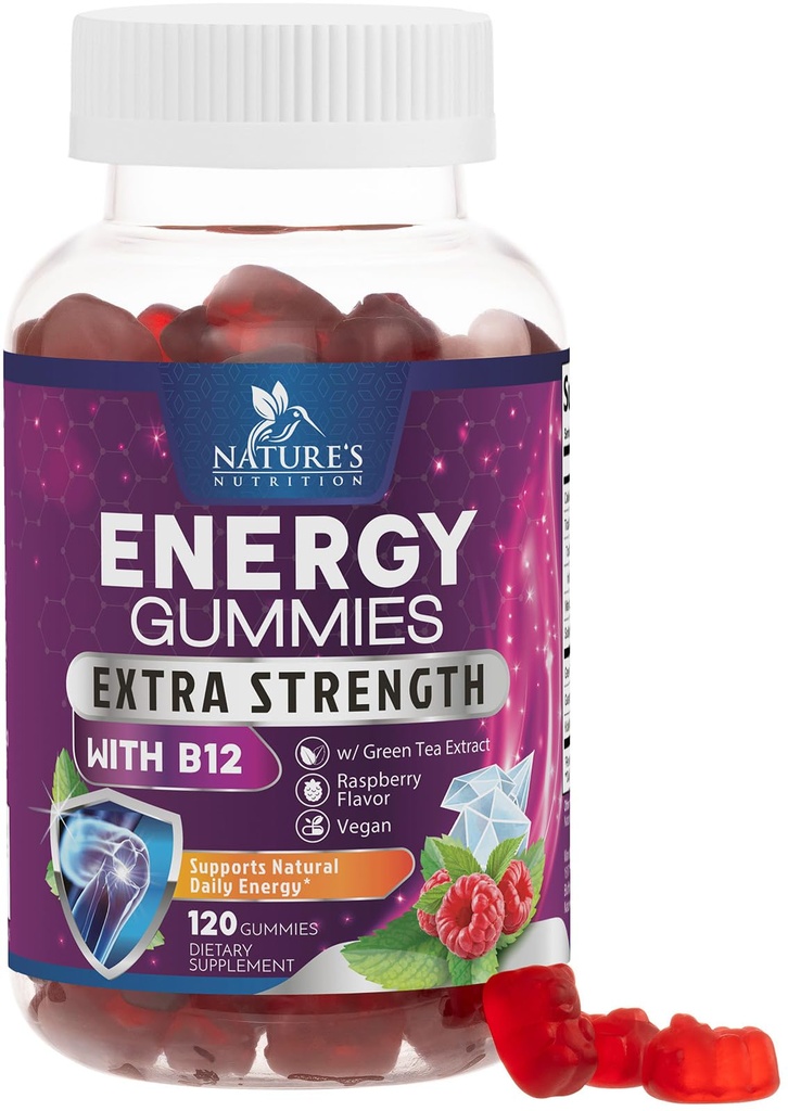 Energie Gummies 1000mcg - met vitamine B12, Groene Thee Natuurlijke Cafeïne Ondersteuning, Dagelijkse Energie Gummies - Delicious Berry Smaak B12 Kauwbare Oefening Supplement voor hardlopen Fietsen & Sporten - 120 Kauwen