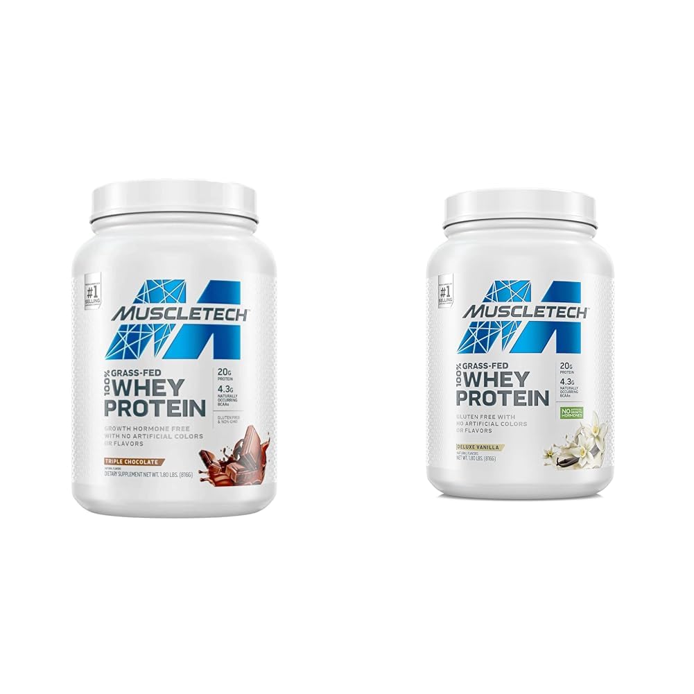 MuscleTech Grass Fed Whey Protein Powder, Triple Chocolate & Deluxe Vanilla, 1.8 lbs Each