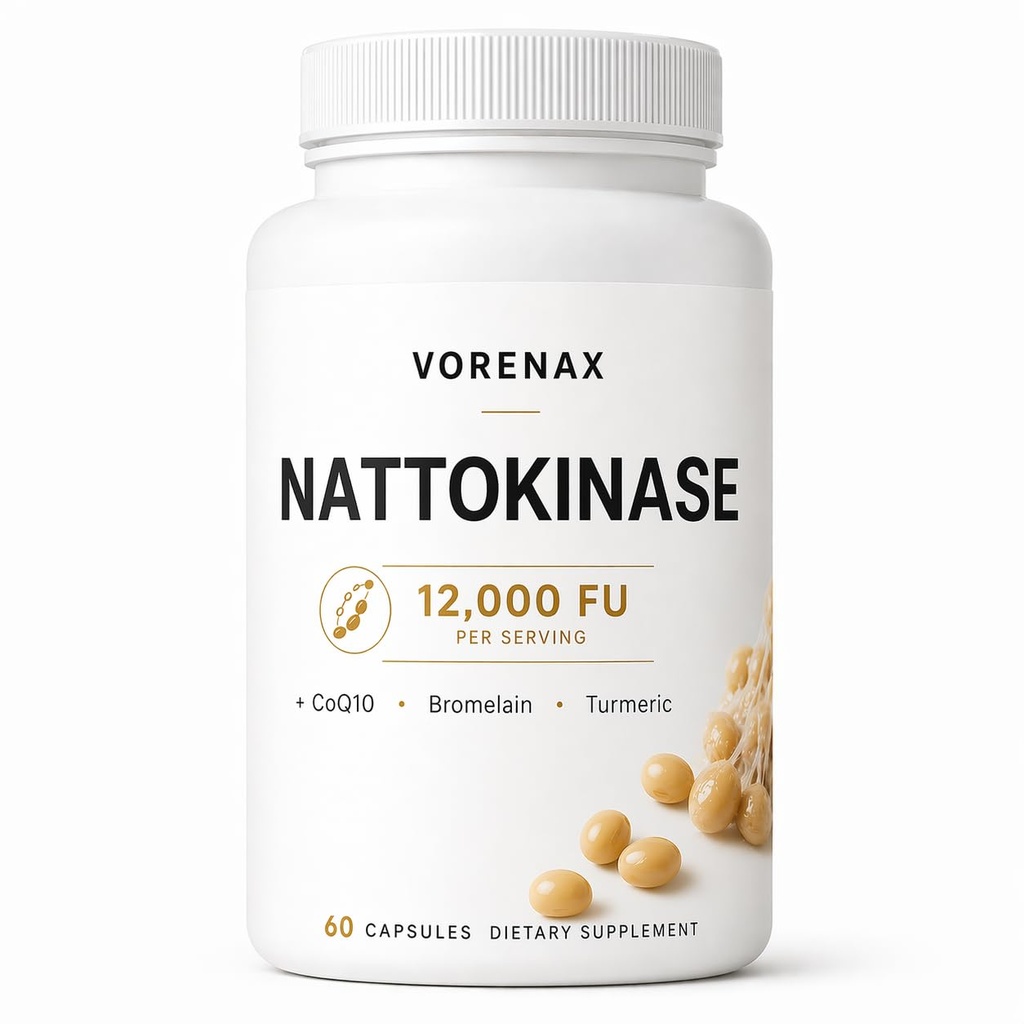 VORENAX Nattokinase, 12000 FU Nattokinase with CoQ10, Bromelain, Turmeric for Daily Wellness Support, High Potency Fermented Soy Extract, Non-GMO, 60 Count