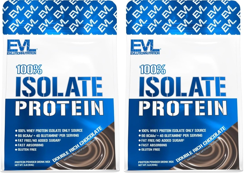 Evlution Nutrition 100% Isolate, Whey Isolate Protein Powder, 25 G of Fast Absorbing Protein, No Sugar Added, Low-Carb, Gluten-Free (Double Rich Chocolate, 1 LB) (Pack of 2)