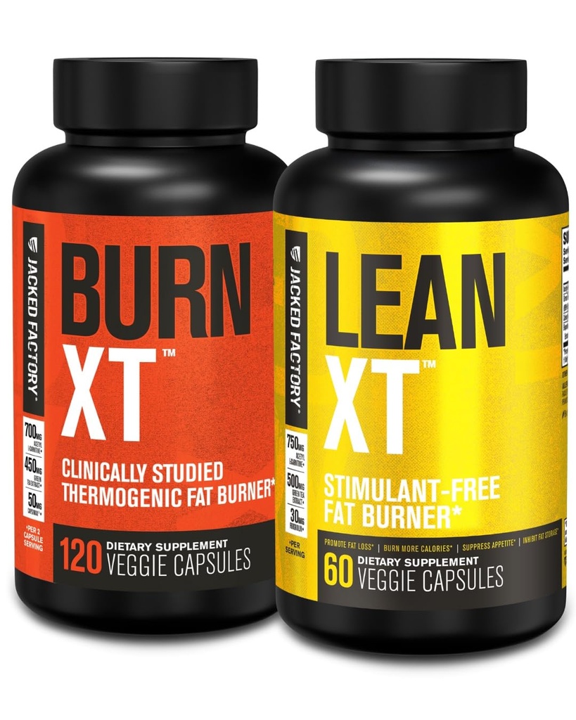 Ge Jacked Factory Burn-XT Klinisch bestudeerde vetbrander en gewichtsverlies supplement - Eetbare Suppressant & Energy Booster (120 capsules) & Lean-XT Cafeïnevrije vetbrander (60 capsules)