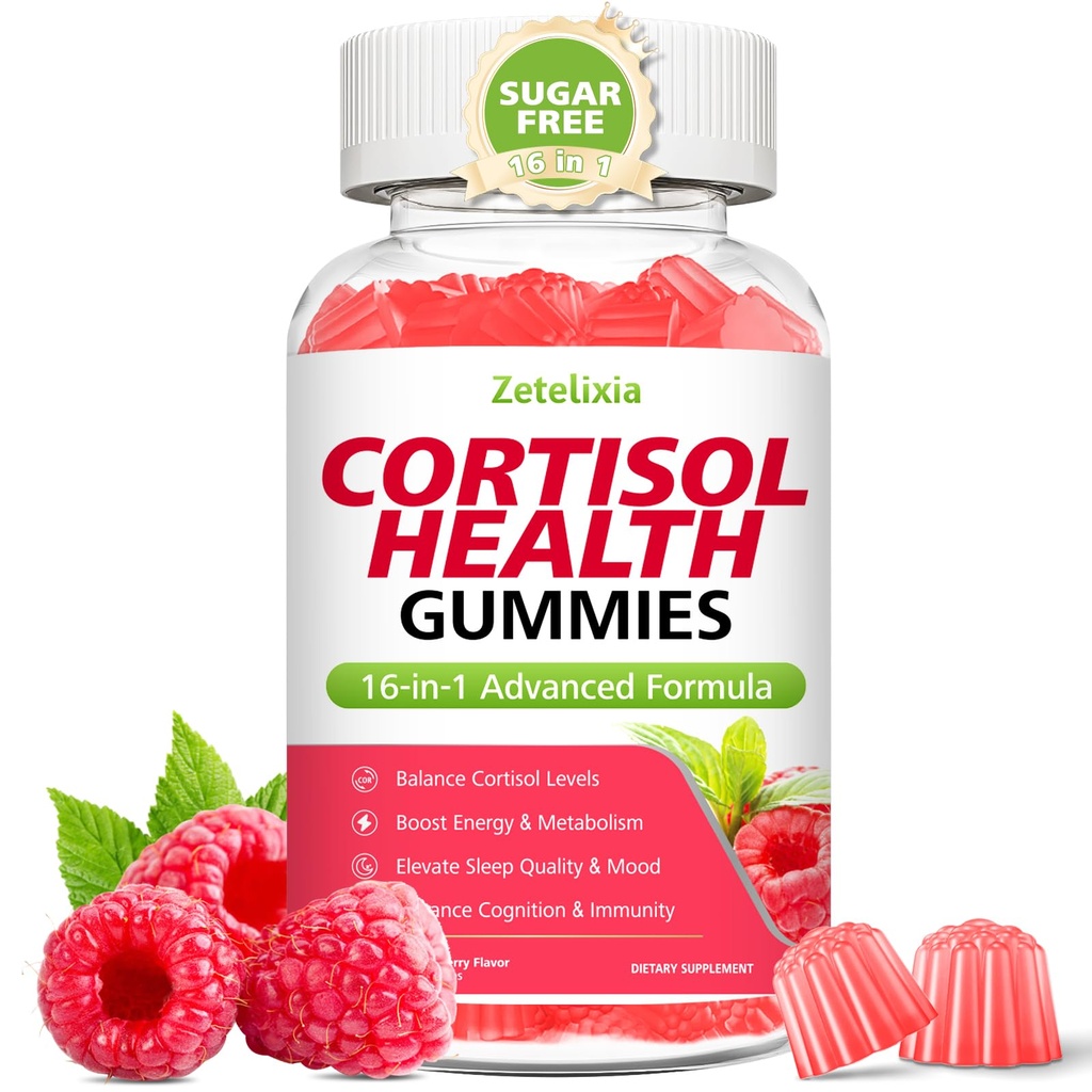 Cortisol Gummies for Women, 16-in-1 Sugar Free Cortisol Supplements for Women with Ashwagandha, Rhodiola Rosea, Magnesium, L-theanine for Relaxation, Zzz, Cognition, Raspberry Flavor, 60Ct