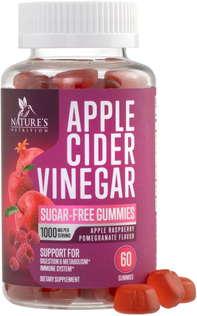 Apple Cider Vinegar Gummies 1000mg per portie - Suikervrije Max Strength ACV Gummy Vitaminen Supplement, Geavanceerde Formule, Vitamine B12 Ondersteunt Metabolisme & energie, Keto vriendelijk, Veganist, 60 Gummies