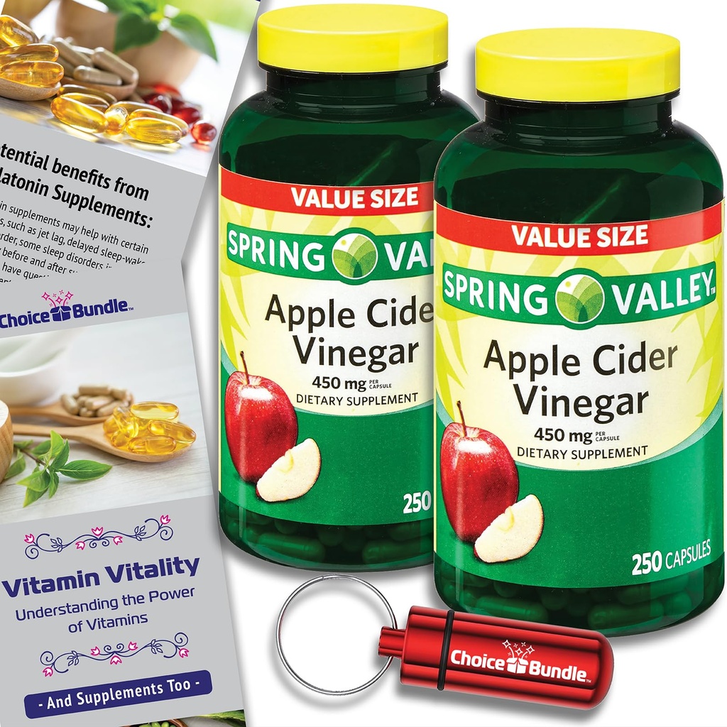 Spring Valley Apple Cider Vinegar Capsules 450 mg Dietary Supplement 250 Ct 2 pk (500 Total) + Vitamin Vitality & Pill Container (4 Items)!