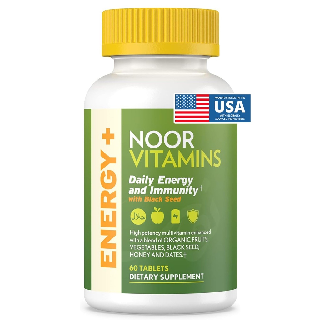 Noor Vitamins Energy+ Multivitamine; Halal Vitamin for Energy Production & Immunity, 26 Vitaminen & Minerals, Black Seed, Data, Honey, for Men & Women. Gelatinevrij, 2 maanden levering