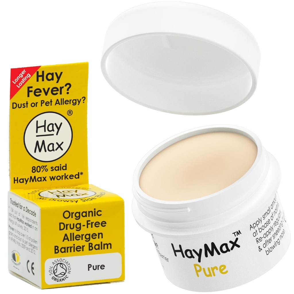 Baume de barrière d'allergène de HayMax - Pure 0,17 fl oz - Bio, naturel et non somnolent Baume de lutte contre la fièvre et l'allergie - Blocs Pollen et autres particules d'allergène - Idéal pour les adultes, les enfants et les femmes enceintes