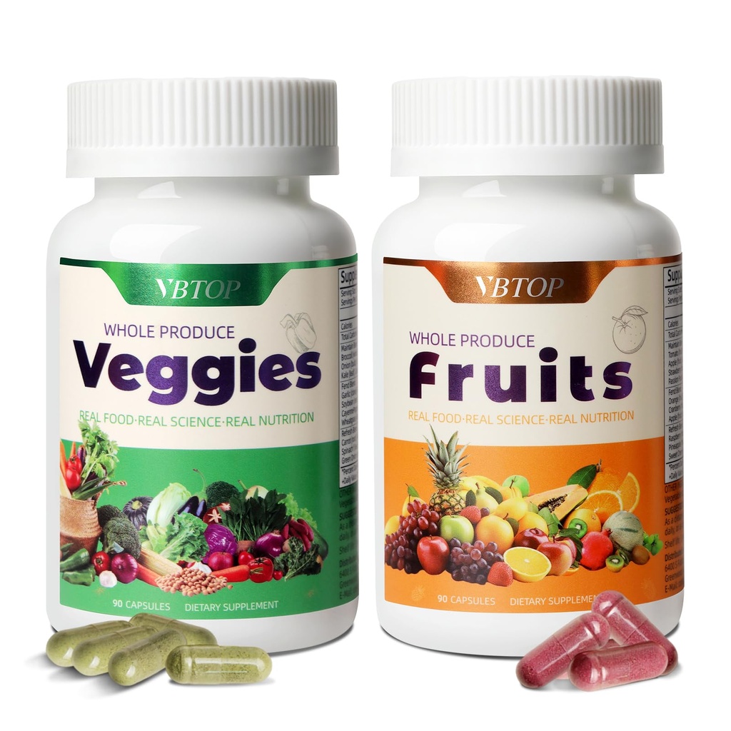 Fruit & Vegetable Supplement - Natural Ingredients - 2 Bottles - 180 Capsules Total | A Blend of 20+19 Natural Whole Fruits & Vegetables, a Fresh superfood Formula Rich in Vitamins and Minerals