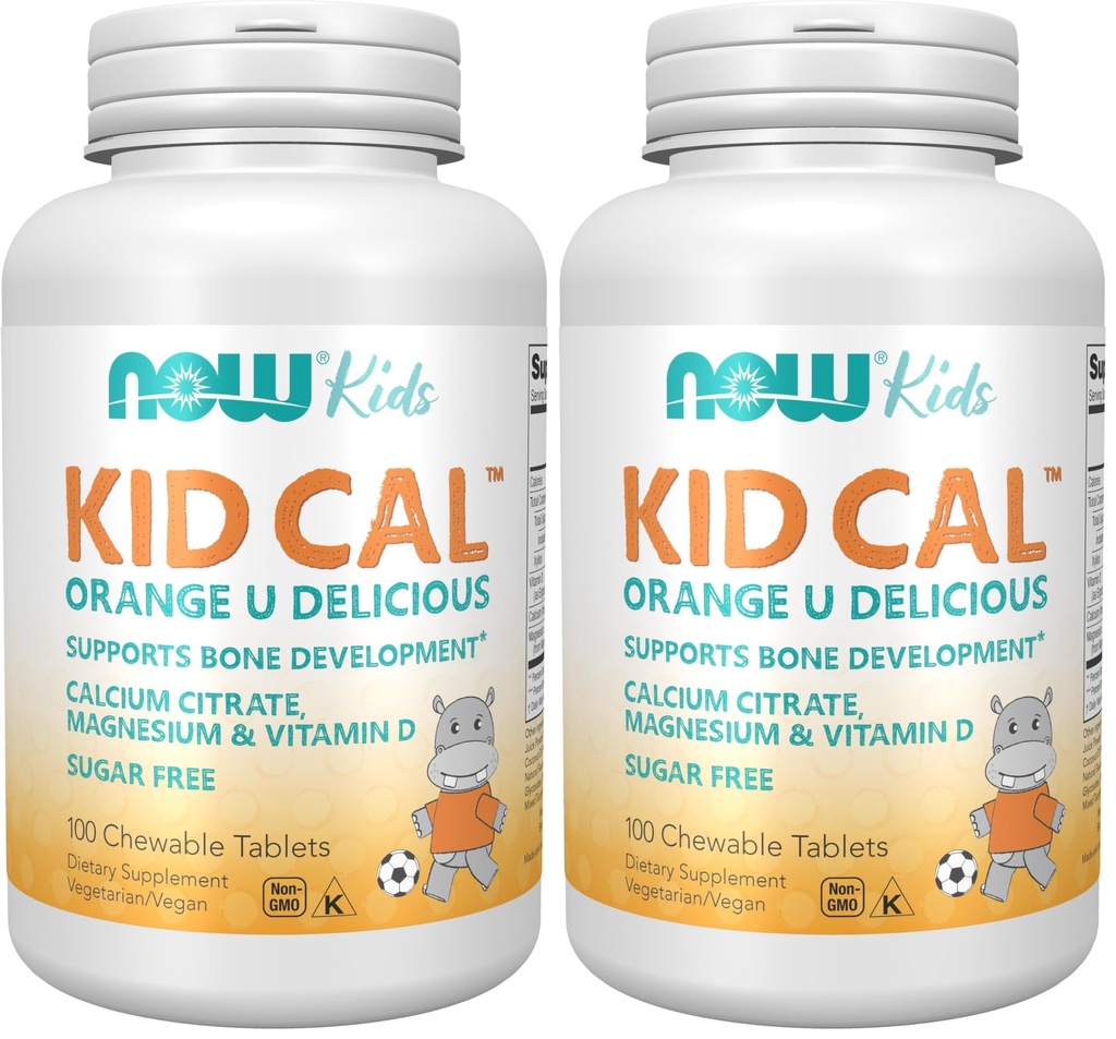 NOW Supplementen, Kid Cal met Calcium Citroen, Magnesium en Vitamine D, Tart Orange, 100 Kauwtabletten, Verpakking mei Vary (verpakking van 2)