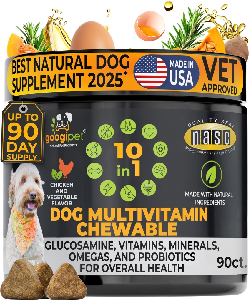 Googipet Premium 10 in 1 Hondenvitaminen Multivitamine Kauwbaar met Probiotica voor Gut Health, Hondenvitaminen en Supplementen W/Vitamine C & Glucosamine voor Gezamenlijke Ondersteuning (Kip & Plantaardige Smaak)