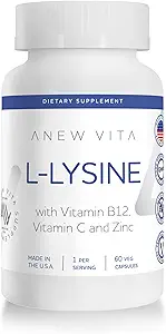 Supplément L-Lysine avec vitamine B12 + C + zinc pour la santé des lèvres, des bouches et des tissus oraux - Soutien amélioré du bien-être - Non-OGM, sans gluten - Fabriqué aux États-Unis - 60 capsules végétales, 500mg
