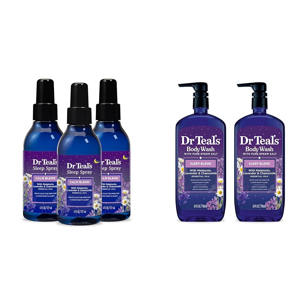 Dr Teal's Sleep Spray with Melatonin & Essential Oil Blend, 6 fl oz (Pack of 3) & Sleep Blend Body Wash with Pure Epsom Salt, Melatonin & Essential Oil Blend, 24 fl oz (Pack of 2)