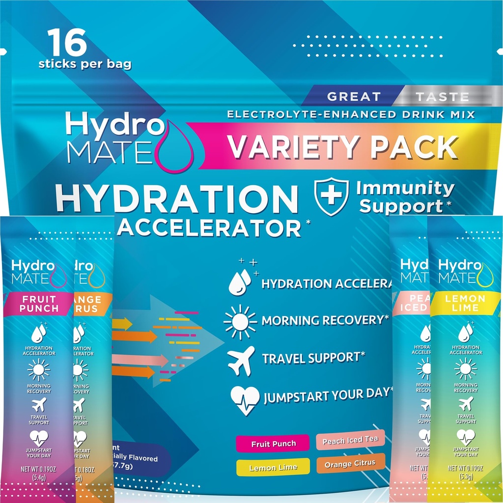 HydroMATE Electrolyte Powder Variety Pack Hydration Packets Lage suiker 16 Tellen