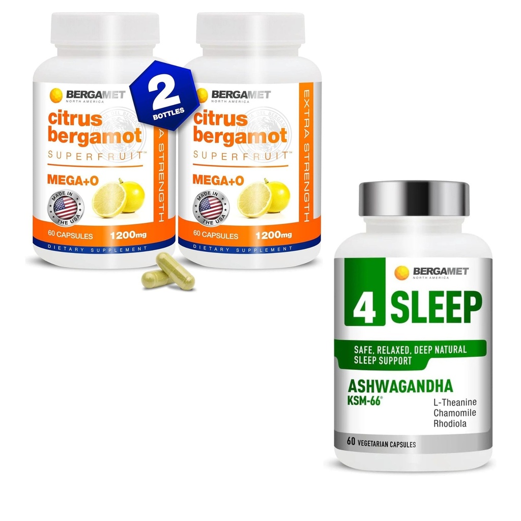 BergaMet Supplement Bundle – Citrus Bergamot Extract 170:1 with Polyphenols plus 4 Sleep Formula with Ashwagandha, Rhodiola, Chamomile and L-Theanine | Daily Nutrition and Nighttime Wellness Pack | 12