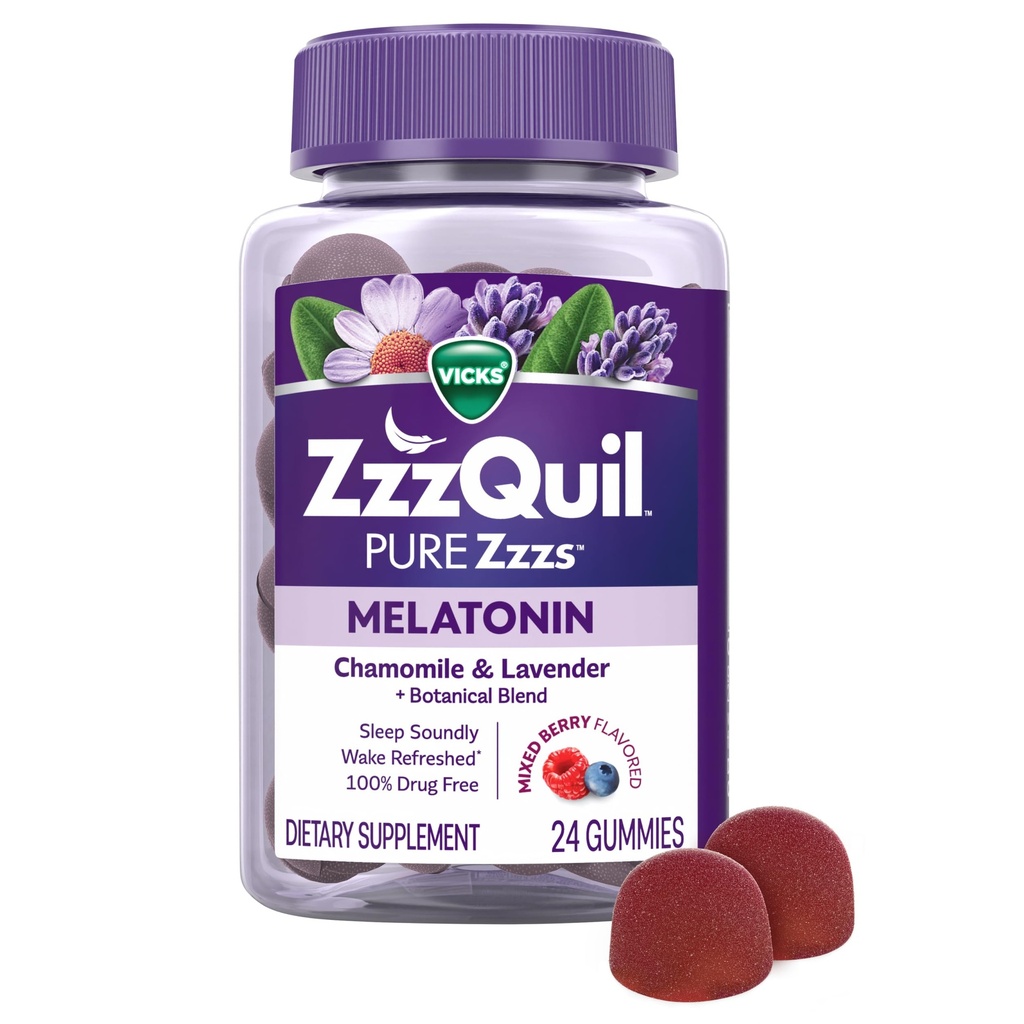 ZzzQuil Pure Zzzs Melatonin Gummies, Sleep Aid, Melatonin 2mg, with Chamomile & Lavender, Melatonin Sleep Gummies, Sleep Aids for Adults, Wildberry Vanilla Flavored, 24 Sleep Gummies