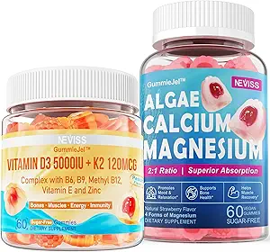 NEVISS Vitamine D3 5000IU + K2 (MK-7) 120mcg + Calcium Supplement 600mg, Algen Calcium Magnesium 2:1