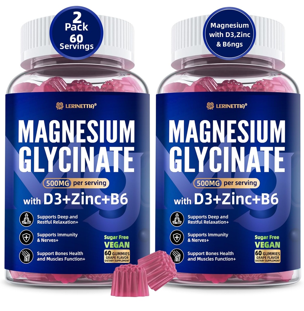 Glycinat de magnésium 500mg/250mg pour les adolescents adultes - Plus D3,B6 & Zinc - Gymnes de magnésium Glycinate, Haute Absorption - Soutien pour la relaxation,Brain,Bone & Immunity Health - Sans sucre - 120Cts