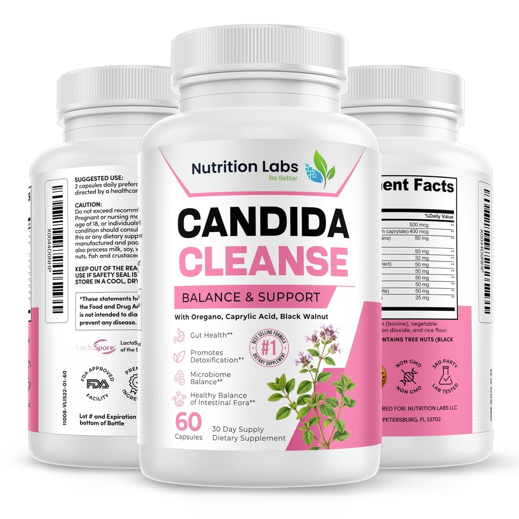 Candida Cleanse Supplement for Balance & Support, Candidose Detox, Women & Men. Gut Health & Flora, pH-niveau, Intestinal Health. Lactospore® Probiotica. Anti-gist Overgroei W/Oregano, caprylzuur