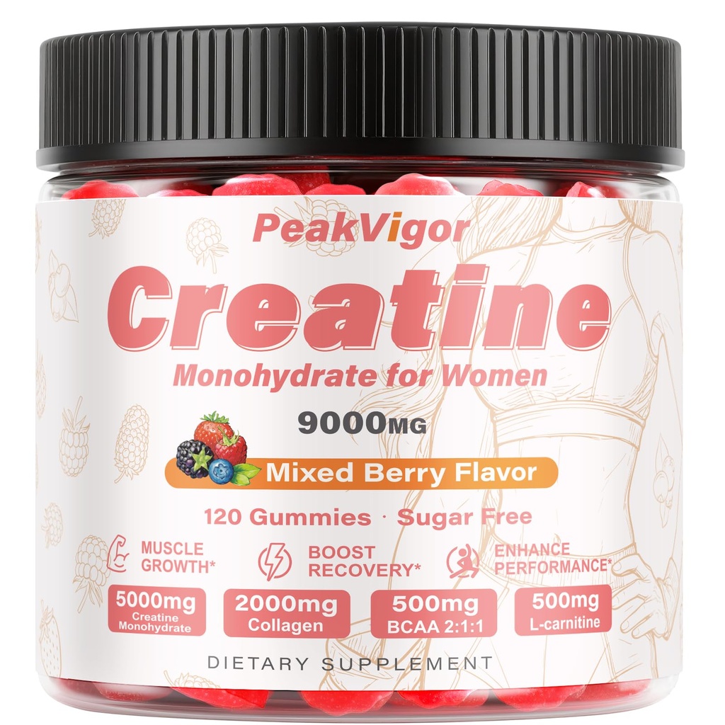 12 in 1 Creatine Monohydrate Gummies for Women and Men, Vegan Sugar-Free Supplement with Taurine, L-Carnitine, Collagen, Vitamins C & B12, Mixed Berry Flavor, 120 Gummies