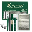 KEYYOU Lash Extension Kit DIY 300Pcs Lash Clusters Kit 40D 0.07 D Curl 9-18MIX Eyelash Extension Kit Individual Lashes Kit with Lash Bond and Seal, Lash Tweezers and Remover for Self Use