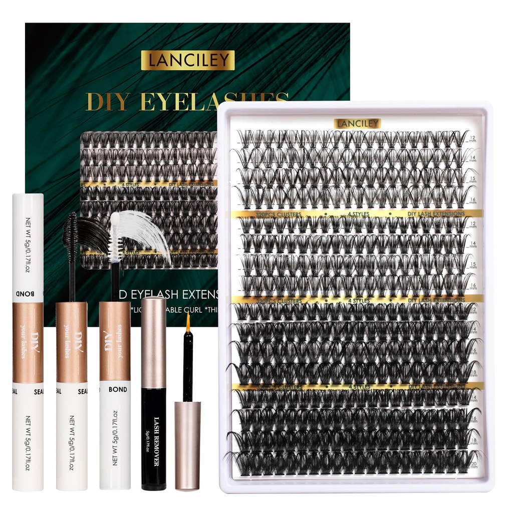 Lash Clusters 320PCS 12-20MM 30D+40D+80D+100D DIY Eyelash Extensions Kit Natural Individual Lashes Thick Volume Eyelash Clusters D Curly Lash Extension kit with Bond + Seal + Remover + Tweezers-4