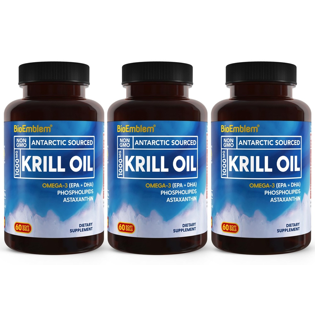 BioEmblem 3 Pack Antarctic Krill Oil 1000mg Softgels, Oméga-3s Oil avec des niveaux élevés d'EPA + DHA, Astaxanthine, et Phospholipides, soutient la santé du cerveau, 180-Count Non-OGM, sans gluten, 90 jours d'approvisionnement