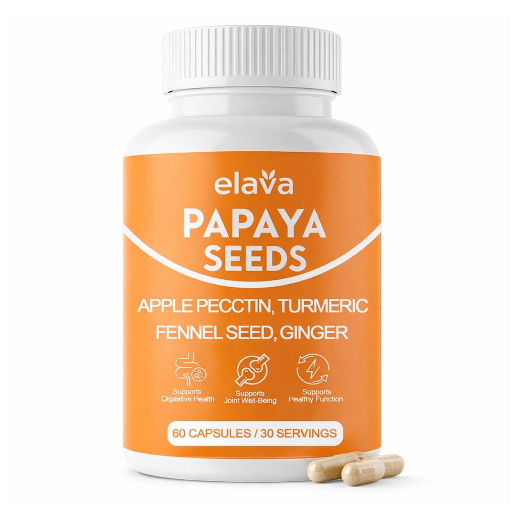 Elava Papaya Seeds Capsules, Organic Papaya Seeds Gut Cleanse Support, Digestive Enzymes with Turmeric, Ginger, Peppermint & Fennel, Non-GMO, Gluten & Lactose Free, 60 Capsules