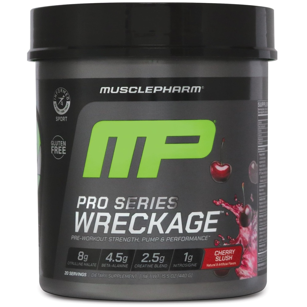 Muscle Pharm Pro Series Wreckage Pre Workout Powder | Professional Grade 8-in-1 Blend for Strength, Pump, Focus & Nitric Oxide Performance | Cherry Slush, 15.5 oz, 20 Servings