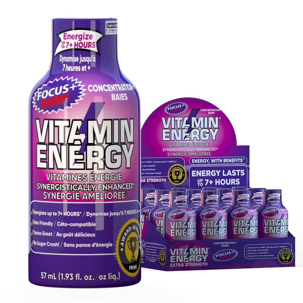 Vitamine Energie Focus+ Extra sterkte Energie Shot Berry 12 Pack, 260mg Natural Cafeïne, B-Vitamins, CoQ10, Aminozuren, Focus, Productiviteit & Duidelijkheid, Zero Sugar, Gluten-Free, 1,93 fl oz