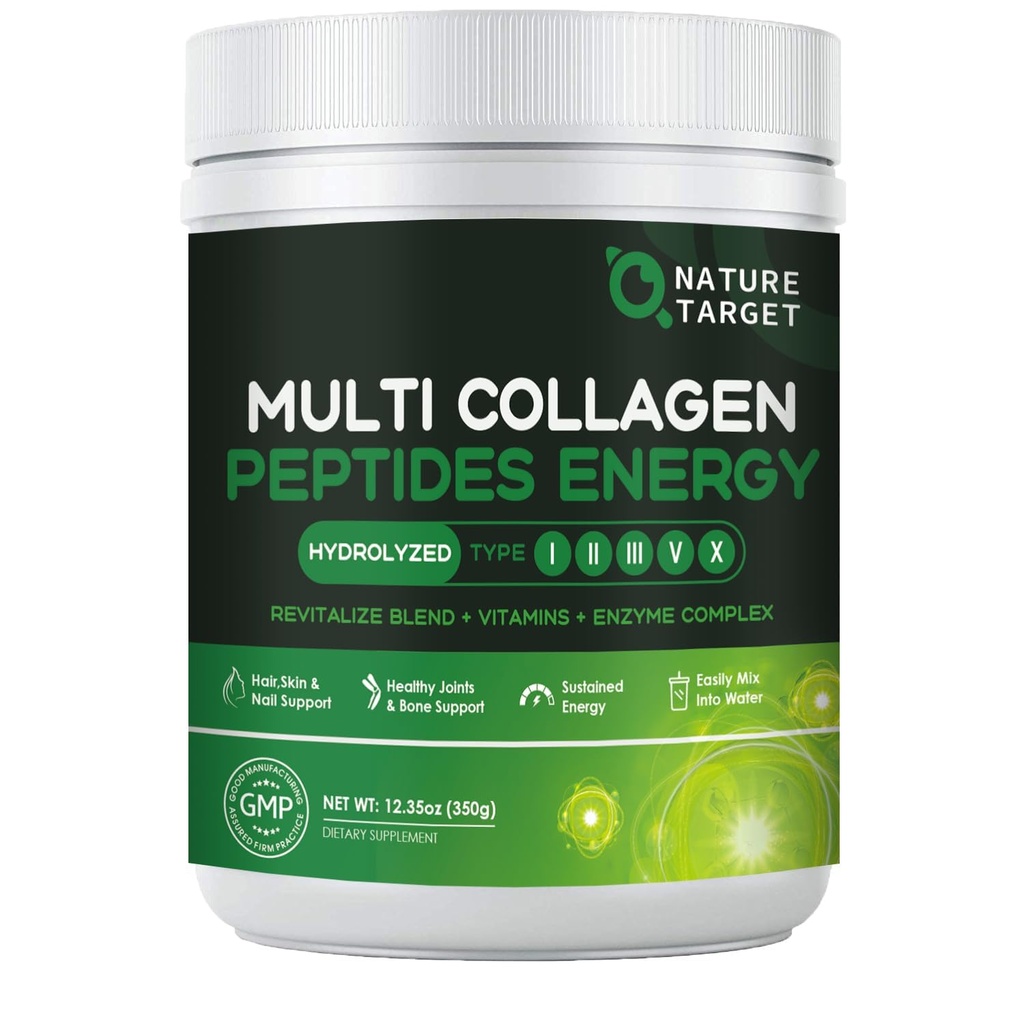 NATURE TARGET Multi-Collagen-Peptides-Powder - Gehydrolyseerde collages met energie Blend + Multivitamine & Minerals, ondersteunt energie huidhaar Nail & Joint, Non-GMO, 35 porties