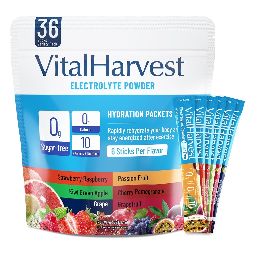 36 Sticks Electrolytes Powder Packets No Sugar Hydration Packets Electrolyte Liquid Daily IV Drink Mix with Strawberry Raspberry, Passion Fruit, Kiwi Green Apple, Cherry Pomegranate, Grape, Grapefruit