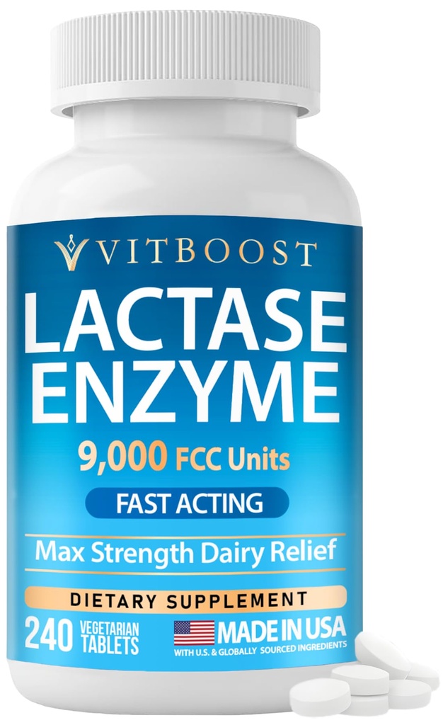 VITBOOST Lactase Enzyme 9,000 FCC Units - Lactose Intolerance Relief - 240 Fast Acting Tablets - Max Strength Dairy Relief Supplement - Vegetarian, Non-GMO, Made in USA