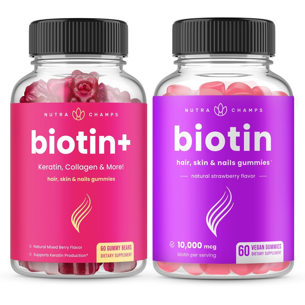 NutraChamps Biotin+ & Biotin. Het complete duo voor haar, huid en nagels.