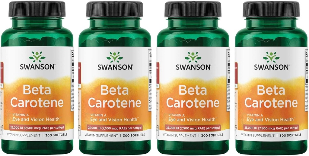 Swanson Beta-Carotène Vitamine A 25000 UI Softgels - Santé de la peau, des yeux et du système immunitaire - Soutien antioxydant - 7500 mcg (300 Softgels) (4 pack)