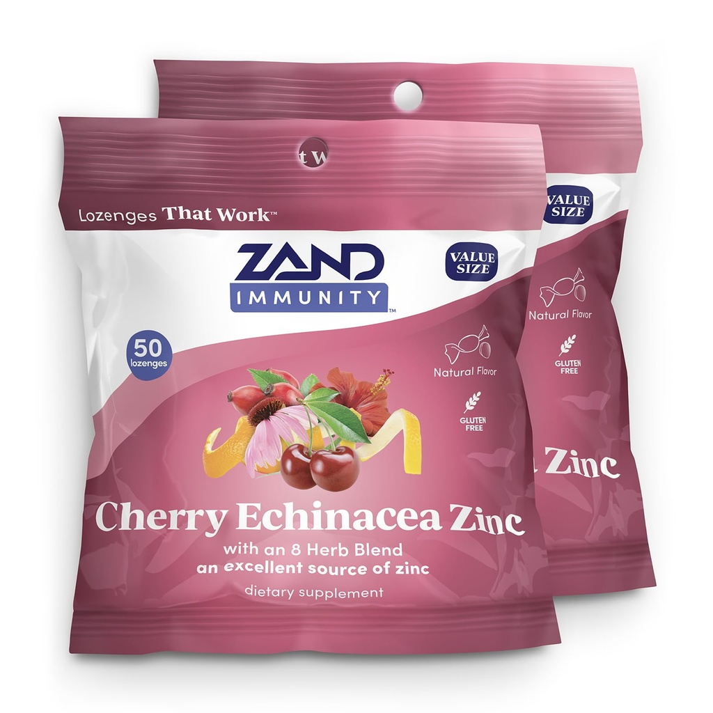 ZAND Immunity Cherry Echinacea Zinc Throat Lozenges 2 Pack - Good-for-You Dry Mouth Lozenges - Immune Support Supplement with Zinc 5mg - Soothe a Dry Throat - Natural Flavor, Gluten Free, 50ct ea
