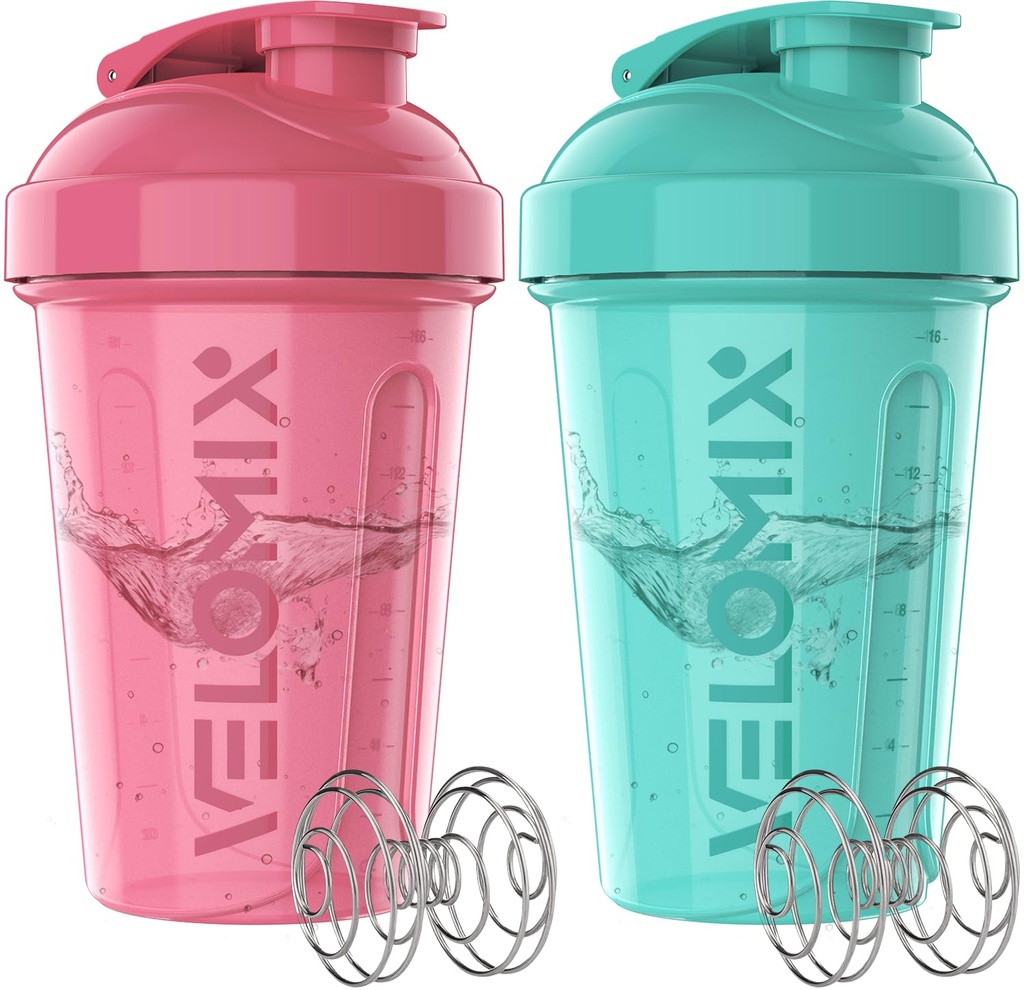 VELOMIX -2 Pack- 20 oz Protein Shaker Flessen voor Protein Mixen - 2x Wire Whisk 