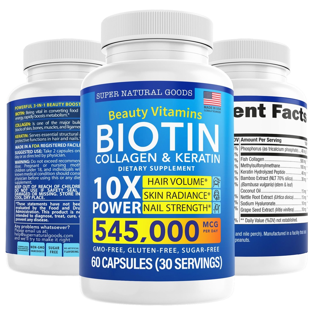 Biotine en collageen vitamines + keratine met folaat - Haarverlies behandelingen voor vrouwen en mannen - Follikel, huid en nagels Supplementen voor haargroei en postpartum ondersteuning - GGO-vrij en glutenvrij (60 capsules)