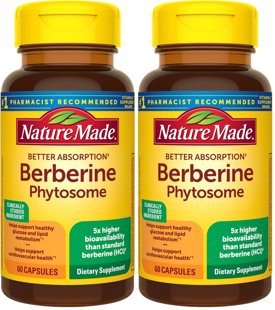 Nature Made Better Absorption Berberine Phytosome Supplement,1100mg Per 2 Capsules Daily,Berberine Supplement for Cardiovascular Health Support,60 Capsules,30 Day Supply,(Pack of 2)