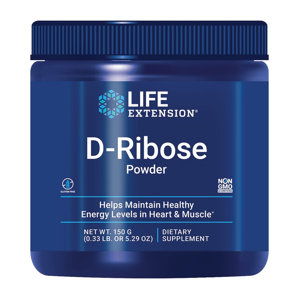 Prolongation de vie Poudre D-Ribose, Dissoudre dans le liquide pour encourager la production d'énergie cellulaire et soutenir la santé cardiaque et musculaire, sans gluten, non OGM, végétarien, 150 grammes