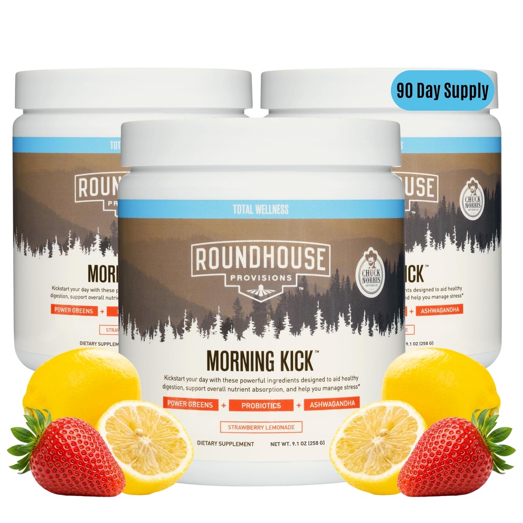 ROUNDHOUSE PROVISION Morning Kick, Greens Superfood Powder Supplement with Ashwagandha, Collagen & Probiotics - Sugar Free, Caffeine Free (3 Pack, Strawberry Lemonade Flavor) by Chuck Norris
