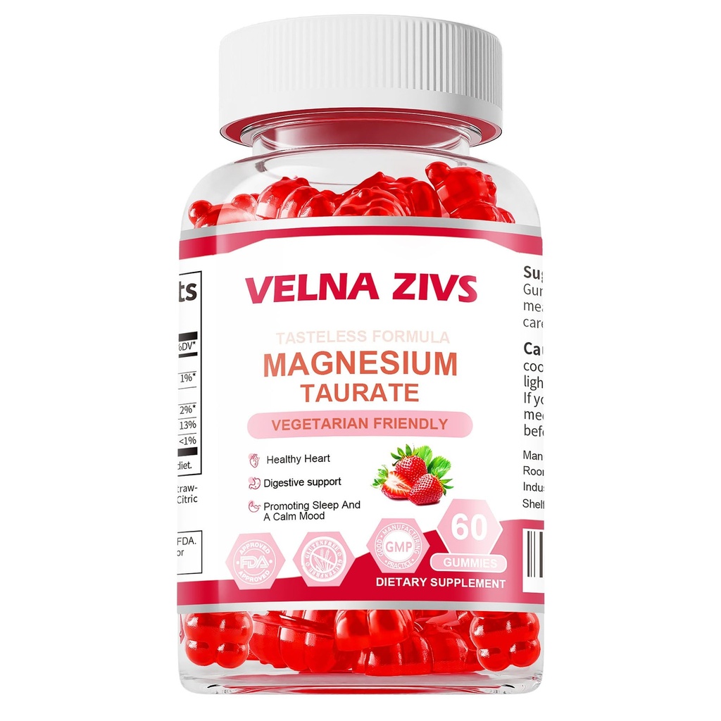 Magnesium Taurate Gummies 1800mg, Magnesium Taurate Supplement, Hoge Absorptie& kauwbaar voor Kid en Volwassenen, Spier en Hart Gezondheid Ondersteuning, Veganistisch, Glutenvrij, 60 Tellingen