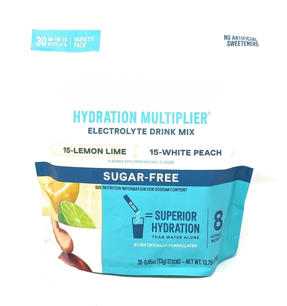 Hydration Multipler Electrolyte Drink Mix, 15 Lemon Lime, 15 White Peach, 0.45 Ounce (30 Count)