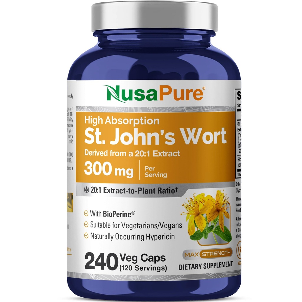 NusaPure St. John's Wort 20:1 Extrait, 300 mg équivalent à 6 000mg 240 Capsules de Véggie (Végétarien, non-OGM) Biopérine