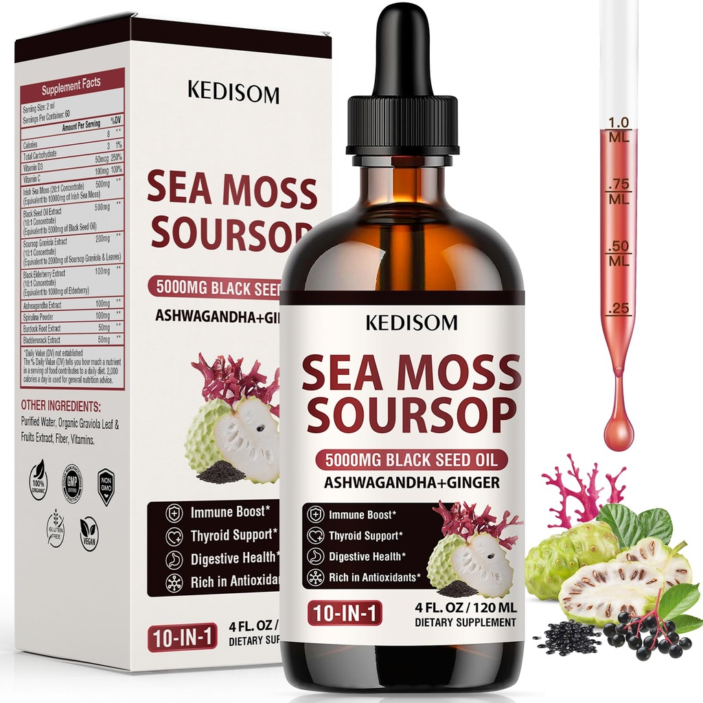 Sea Moss Liquid Drops 4 FL OZ - Organic Black Seed Oil Irish Sea Moss Gel with Burdock Root, Bladderwrack, Elderberry, Vitamin C, D3, 6X Stronger Seamoss Gel for Digestive, Hair Health - Vegan