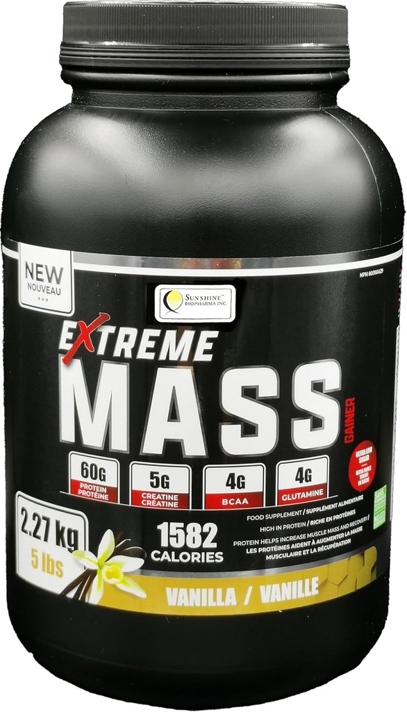 Extreme Mass Gainer Muscle Builder, 5 lb (2,27 kg) Lage suiker hoge Calorieën voor Intense Workouts (Vanilla)