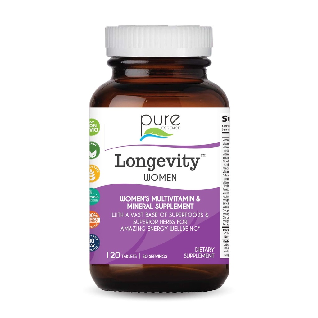 Pure Essence Longevity for Women Over 40 Multivitamin - Vitamins with Superfoods, Whole Foods, Minerals, Antioxidants and Immune Support - 90 Tablets