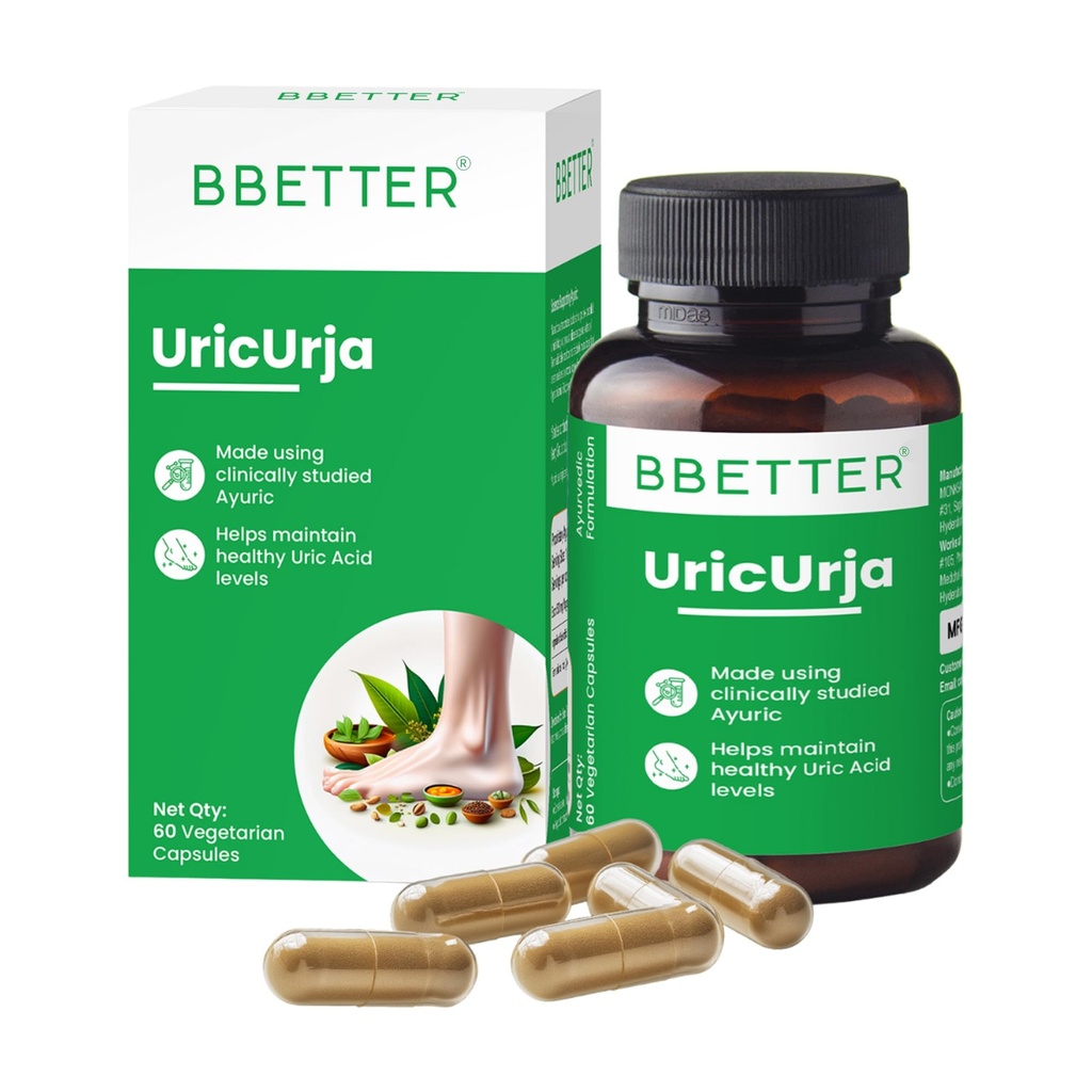 BBETTER UricUrja - Lab Tested Ayurvedic Medicine for Uric Acid Levels Management | Supports Kidney Health | Gout Pain Relief Medicine | 60 Capsules for Healthy Uric Acid Levels